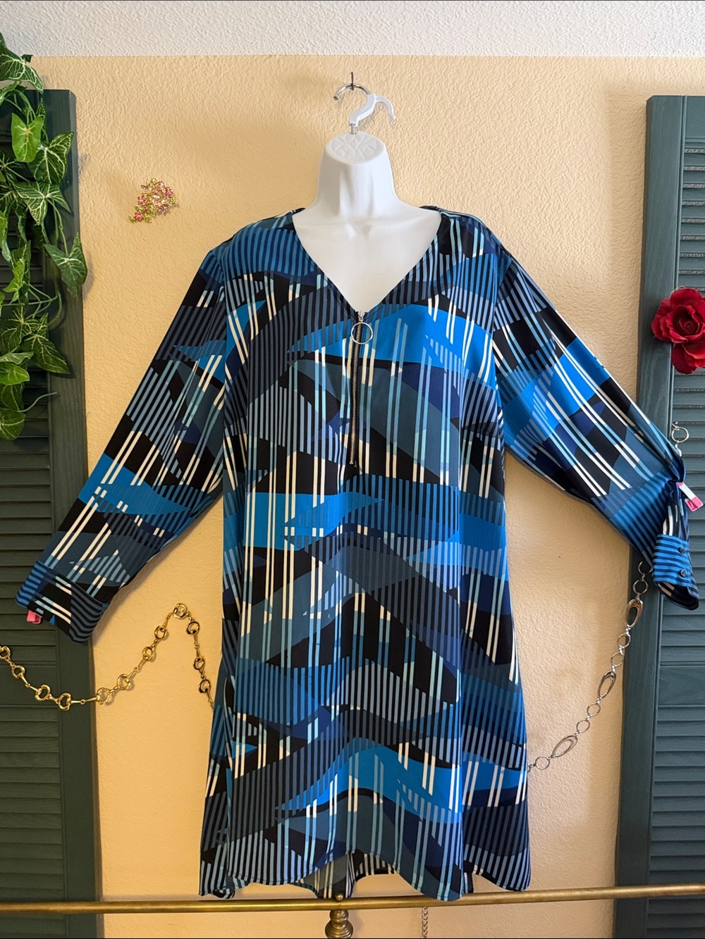 Blue Stripe & Geometric V-Neck Long Sleeve Dress
